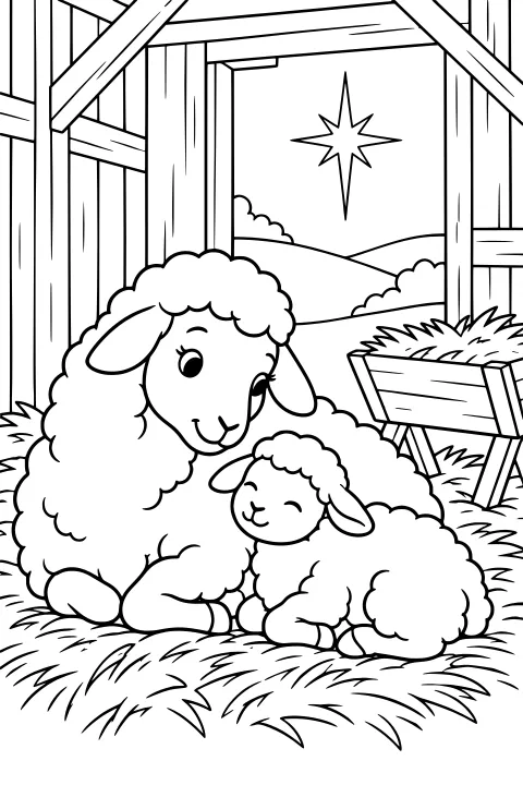 Sheep and lamb resting on hay inside a wooden stable, with a feeding trough, rolling hills, and a pointed star in the background.