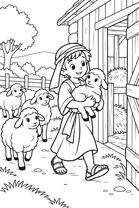 Shepherd boy carrying a lamb beside a wooden barn while sheep follow along a fenced path, with hay, grass, bushes, a tree, and hills in the background.
