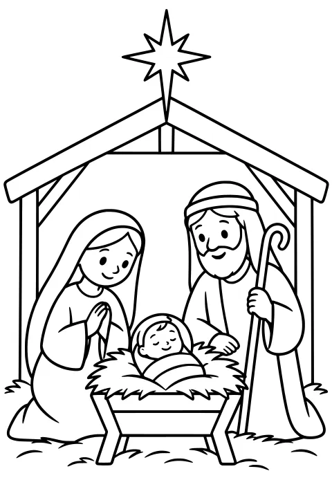 Simple nativity scene with kneeling figures around a swaddled figure in a straw-filled manger beneath a peaked shelter and large star.