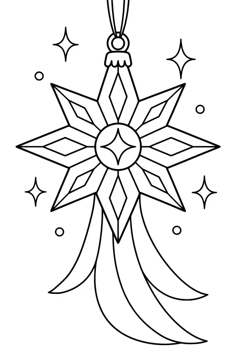Star of Bethlehem ornament with faceted rays, a circular center, hanging loop, flowing ribbon tails, sparkles, and round accents.