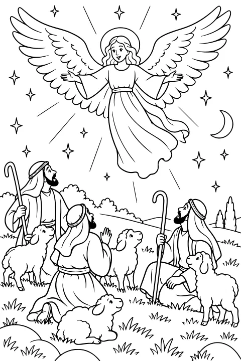Winged angel hovering above shepherds and sheep in a grassy landscape beneath stars and a crescent moon.