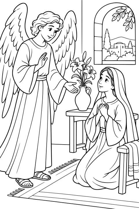 Angel Gabriel stands before kneeling Mary near a table with lilies, an arched window, buildings, and trees.