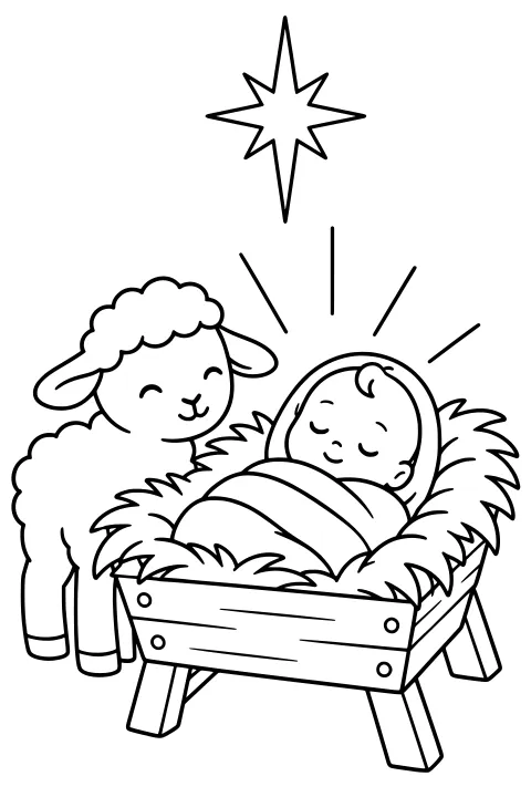 Baby Jesus wrapped in a blanket in a straw-filled wooden manger, with a sheep alongside and a large star with radiating lines overhead.