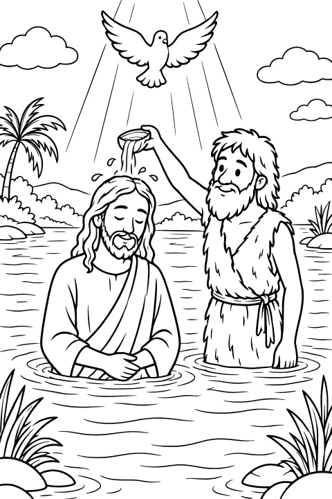 Jesus standing in a river beneath a dove and rays while water is poured from a small vessel, surrounded by palms, reeds, rocks, clouds, and hills.
