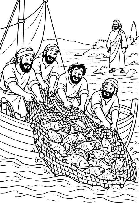 Fishers pulling a net full of fish beside a wooden sailboat, with a robed man standing on the rocky shore in the background.
