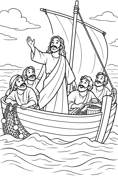 Jesus raising a hand in a sailboat amid rolling waves, surrounded by bearded figures, a large sail, ropes, clouds, and a fishing net.