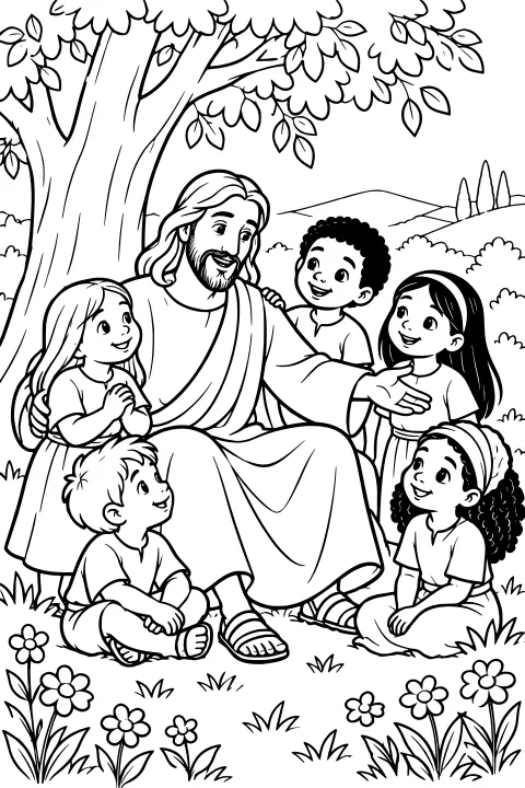 Jesus seated beneath a large tree with children gathered around, surrounded by rolling hills, shrubs, grass, and flowers.