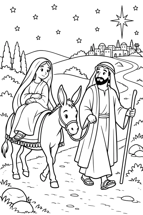 Mary riding a donkey beside Joseph on a winding road through hills, with distant buildings and stars in the sky