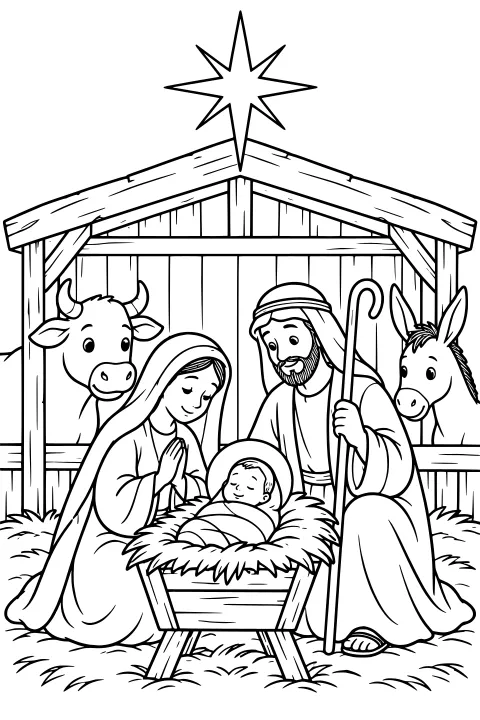 Robed figures surround a wrapped figure in a manger inside a wooden stable, with a cow, donkey, curved staff, straw, and a large star above the roof.