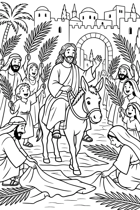 Robed rider entering a walled city on a donkey as a crowd waves palm branches and places cloaks along the road.