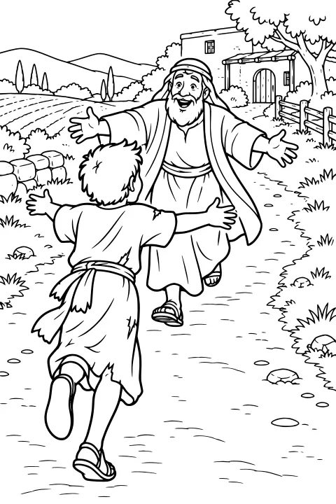 The Prodigal Son runs along a country path toward an open-armed reunion near a house, fence, fields, stone wall, tree, shrubs, and distant hills.