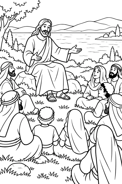 A robed speaker seated on rocks and gesturing toward a gathered crowd beside water, trees, shrubs, and rolling hills.