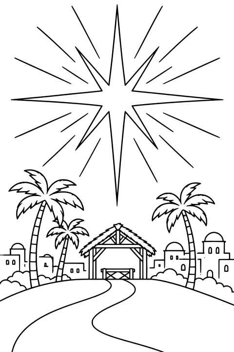 Large radiant star above a stable and manger, with a winding road, palm trees, bushes, and distant buildings.