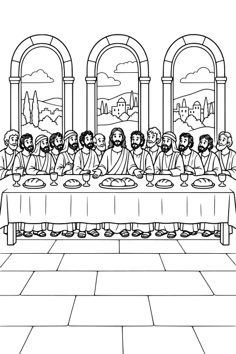 A group of robed figures gathered behind a long table with loaves and cups, with arched windows overlooking trees and distant buildings.