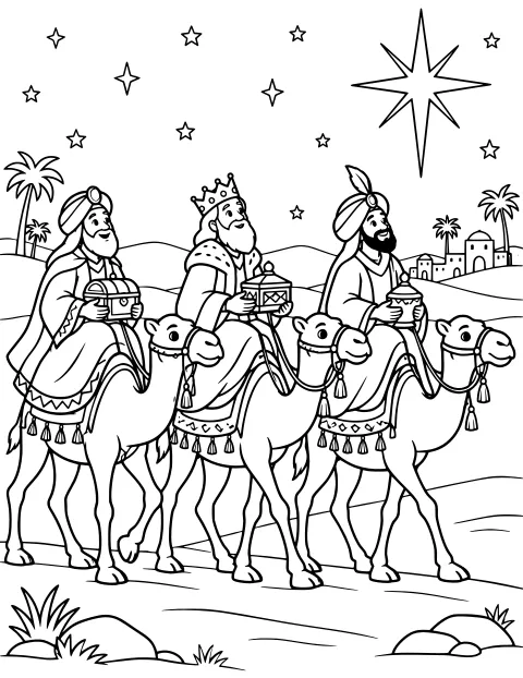 Three Wise Men riding camels with decorated gifts beneath a large star, with desert dunes, palm trees, smaller stars, and distant buildings.