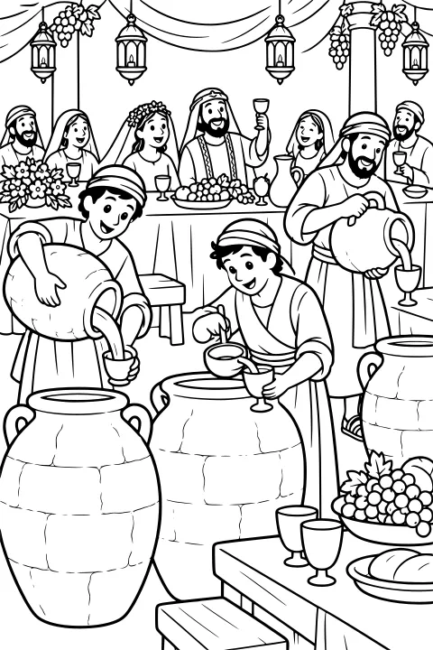 Wedding feast with large water jars being filled and poured, goblets on tables, hanging lanterns, draped fabric, flowers, grapes, and bread.