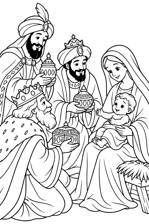Wise Men in crowns and feathered headwear present ornate lidded gifts to Baby Jesus amid flowing robes and a straw-filled manger.