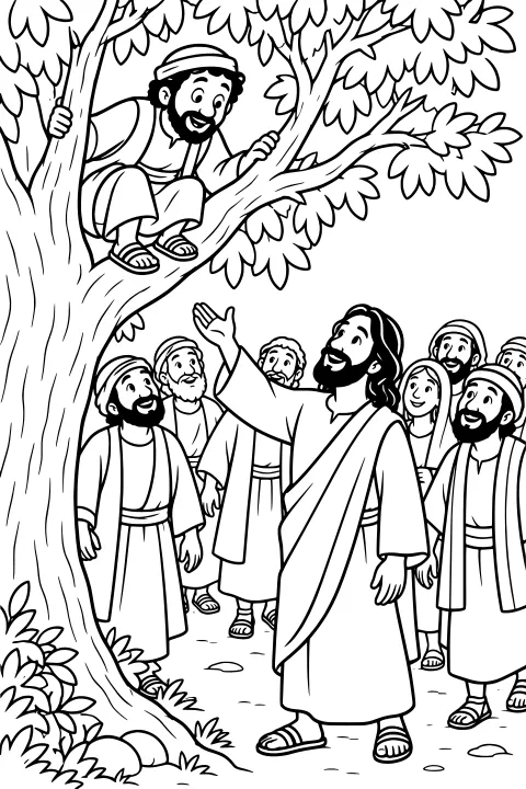 Zacchaeus crouching among leafy sycamore branches above a gathering of robed figures, with a central figure gesturing upward.