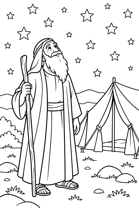 Abraham in a long robe and head covering holds a staff beneath a star-filled sky, with a tent, rolling hills, rocks, and grass nearby.