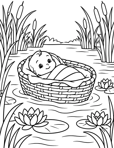 Baby Moses wrapped in a basket on river water, surrounded by reeds, cattails, lily pads, and water lilies.
