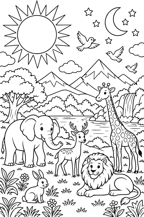 Sun, crescent moon, and stars above mountains, birds, a waterfall, trees, and animals including an elephant, deer, giraffe, lion, and rabbit.