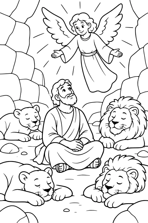 Daniel seated among resting lions in a rocky den, with a robed winged figure hovering above.
