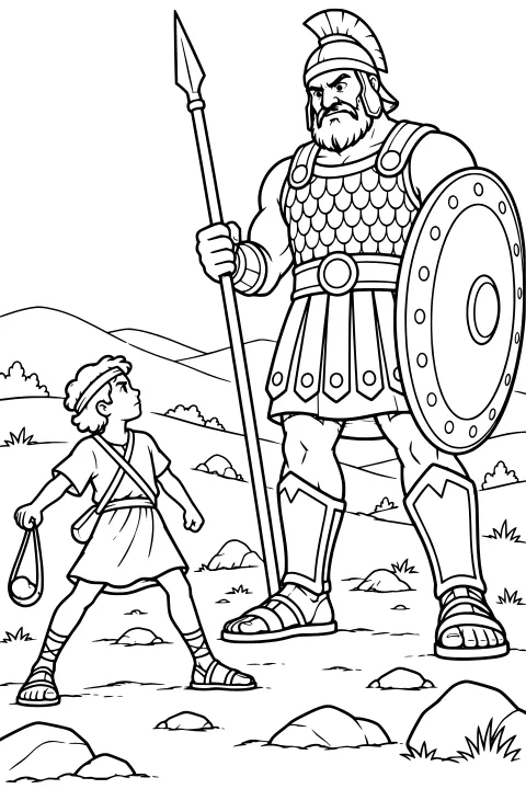 David holding a sling faces Goliath in armor with a spear and round shield, surrounded by rocks, shrubs, and rolling hills.