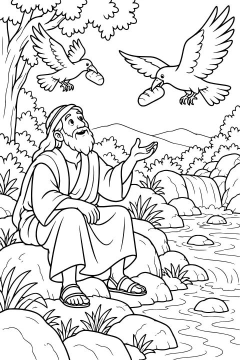 Elijah seated among rocks beside a stream as ravens carry bread overhead, with trees, shrubs, hills, and a waterfall in the background.