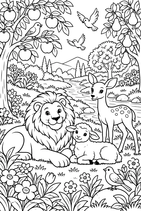 Lion, lamb, and deer beside a winding stream, surrounded by birds, fruit trees, flowers, shrubs, rocks, and distant hills.