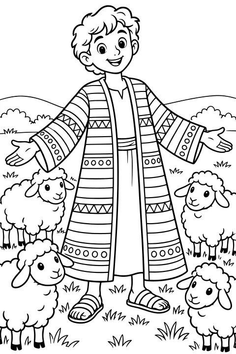 Joseph wearing a long patterned coat and sandals, standing with arms outstretched among sheep, grass, bushes, and rolling hills.