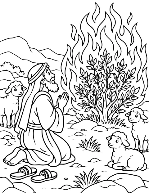 Moses kneeling before a leafy bush surrounded by flames, with sheep, sandals, rocks, grass, and mountains nearby.