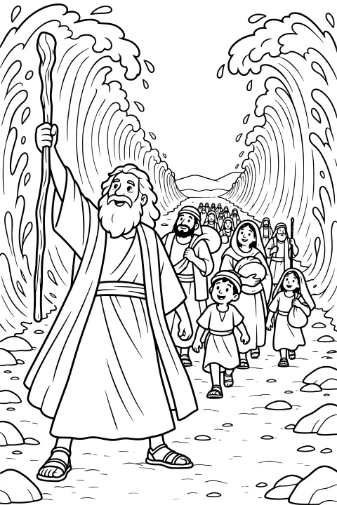 Moses raises a staff before a procession crossing a rocky seabed between towering, curling walls of water.