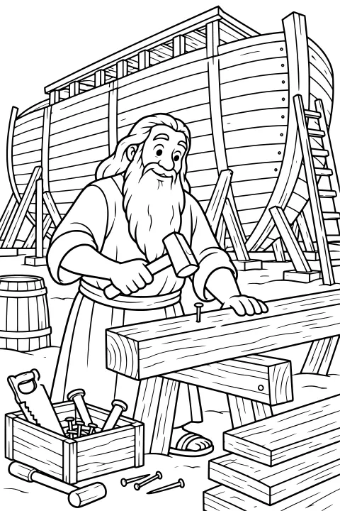 Noah using a mallet on a timber beside a large wooden ark, with ladders, braces, tools, a barrel, nails, and stacked boards nearby.