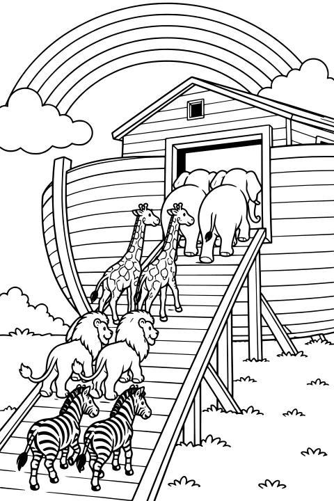 Giraffes, lions, zebras, and elephants walking up a broad ramp into a wooden ark beneath a rainbow, with clouds and shrubs around the scene.