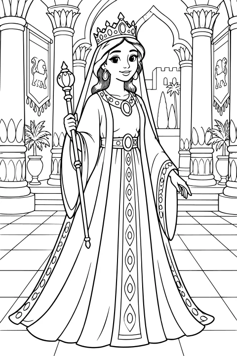 Queen Esther wearing a crown and long decorated gown while holding a scepter in a grand hall with columns, arches, banners, potted plants, tiled steps, and distant towers.