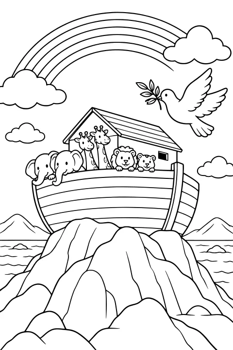 Ark on water behind large rocks, with elephants, giraffes, a lion, and a small animal at the rail while a dove carries a leafy branch beneath a rainbow.