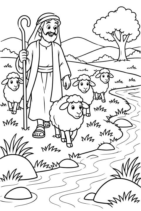 Shepherd holding a curved staff among sheep near a winding stream, with rocks, grass, rolling hills, shrubs, and a broad-canopied tree.