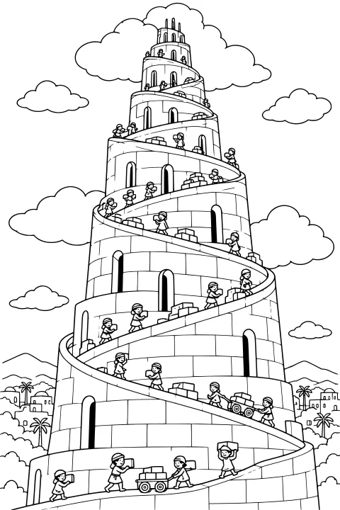 Tall tiered brick tower with a winding ramp, small figures carrying blocks, carts, arched openings, clouds, palms, distant buildings, and hills.