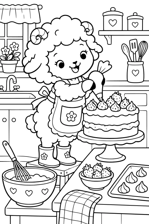 Biscuit the sheep piping frosting onto a layered strawberry cake in a kitchen surrounded by baking tools, bowls, flowers, and utensils.