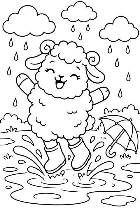Biscuit the sheep leaping into a puddle in boots, surrounded by splashing water, falling rain, rounded clouds, grass, and an open umbrella.