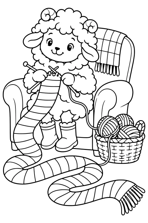 Biscuit the sheep knitting a long striped scarf in an armchair beside a woven basket filled with yarn balls.