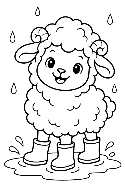 Biscuit the Sheep wearing rain boots in a puddle, surrounded by splash marks and falling raindrops, with curled horns, long ears, and fluffy wool.
