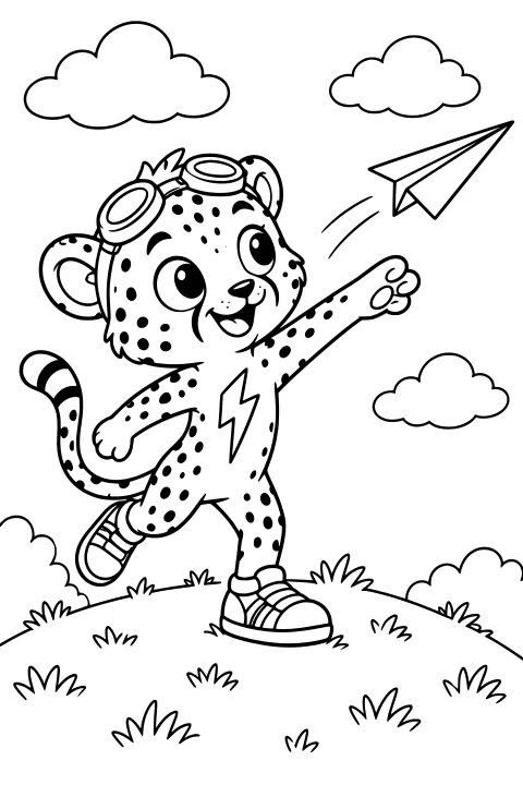 Bolt the Cheetah wearing goggles and sneakers reaches toward a paper airplane above a grassy hill, surrounded by clouds and motion lines.