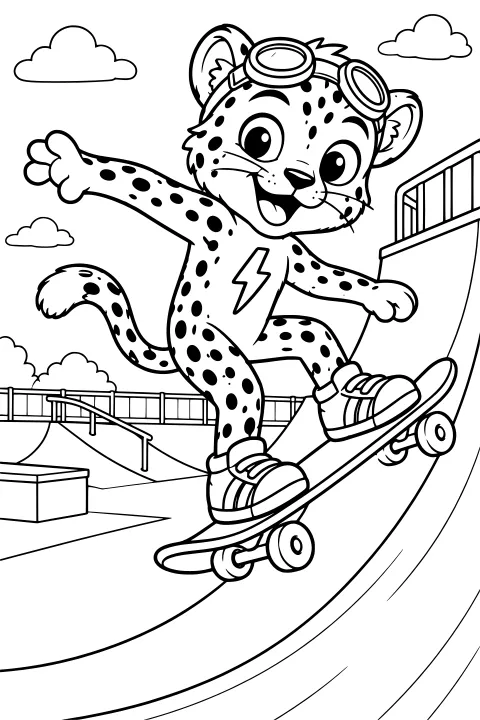 Bolt, a spotted cheetah wearing goggles, a lightning-bolt shirt, and sneakers, rides a skateboard on a curved ramp with skate park rails and clouds behind.