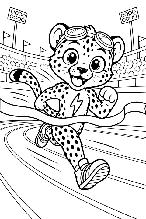 Bolt the spotted cheetah crosses a trackside ribbon while running in goggles and athletic shoes, with curved lanes, stadium stands, flags, and floodlights behind.