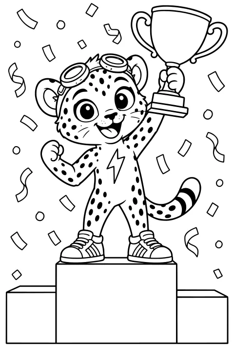 Bolt, a spotted cheetah wearing goggles and sneakers, stands on a podium and raises a large handled trophy as confetti falls around.