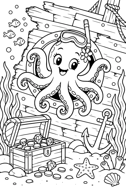 Bubbles the octopus wearing goggles and a flower beside broken ship planks, an open treasure chest, an anchor, fish, seaweed, shells, coins, gems, bubbles, and a starfish.