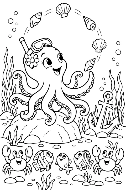 Bubbles the octopus juggling seashells underwater above fish and crabs, surrounded by bubbles, rocks, seaweed, and an anchor.