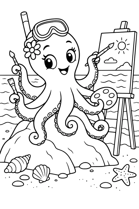 Bubbles the octopus painting an ocean scene on an easel, with brushes, a palette, goggles, a snorkel, shells, waves, and a starfish.