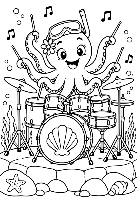 Bubbles the Octopus wearing goggles and a flower while playing a drum kit underwater, surrounded by music notes, bubbles, seaweed, rocks, a starfish, and a shell.